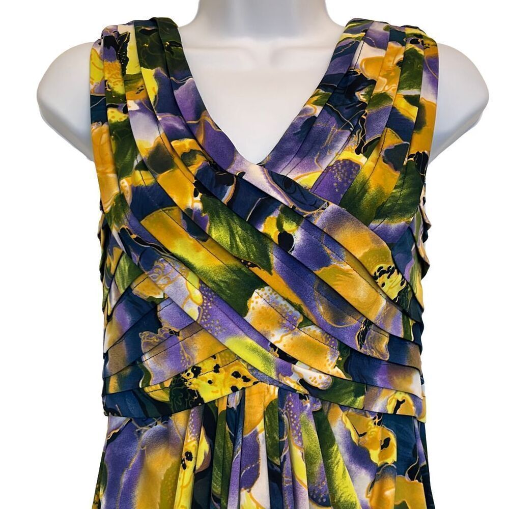 Adrianna Papell 4 Yellow Purple Floral Print Pleated Cocktail Dress Wedding